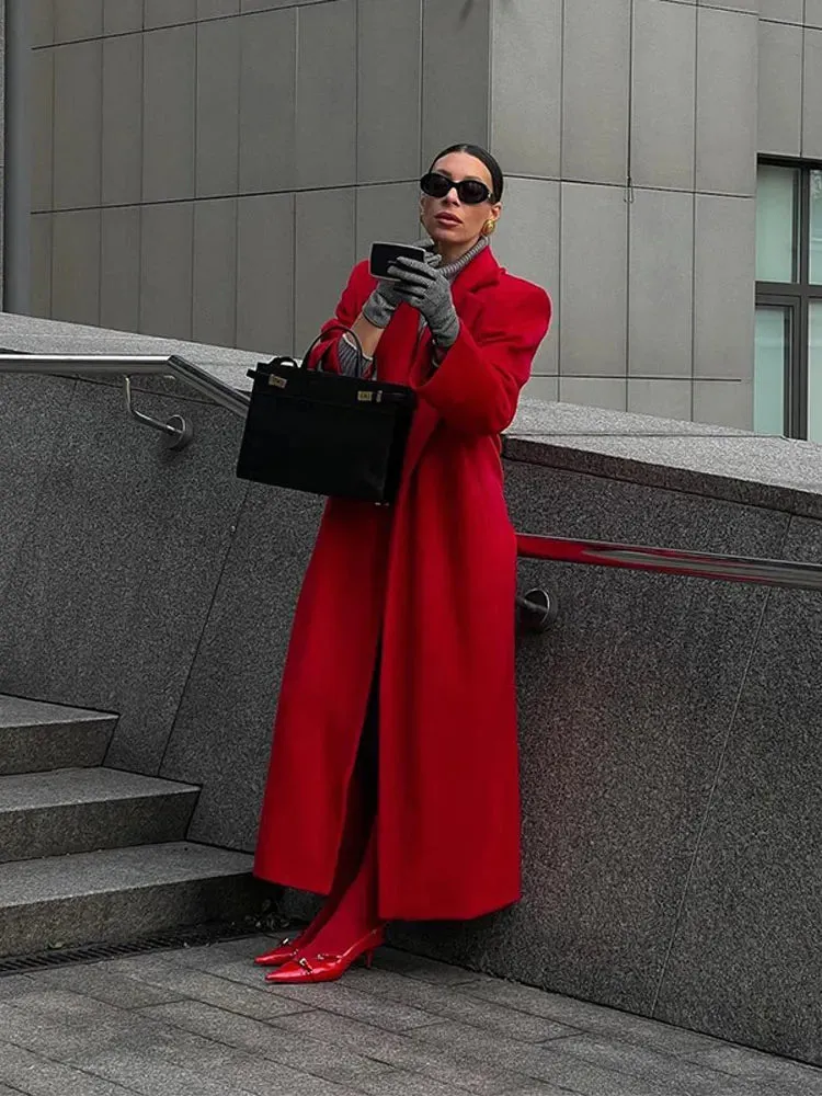 Back To School Sonicelife Fashion Red Turn Down Collar Long Overcoats Elegant Lady Solid Long Sleeves With Pocket Coats 2024 Autumn Winter High Streetwear