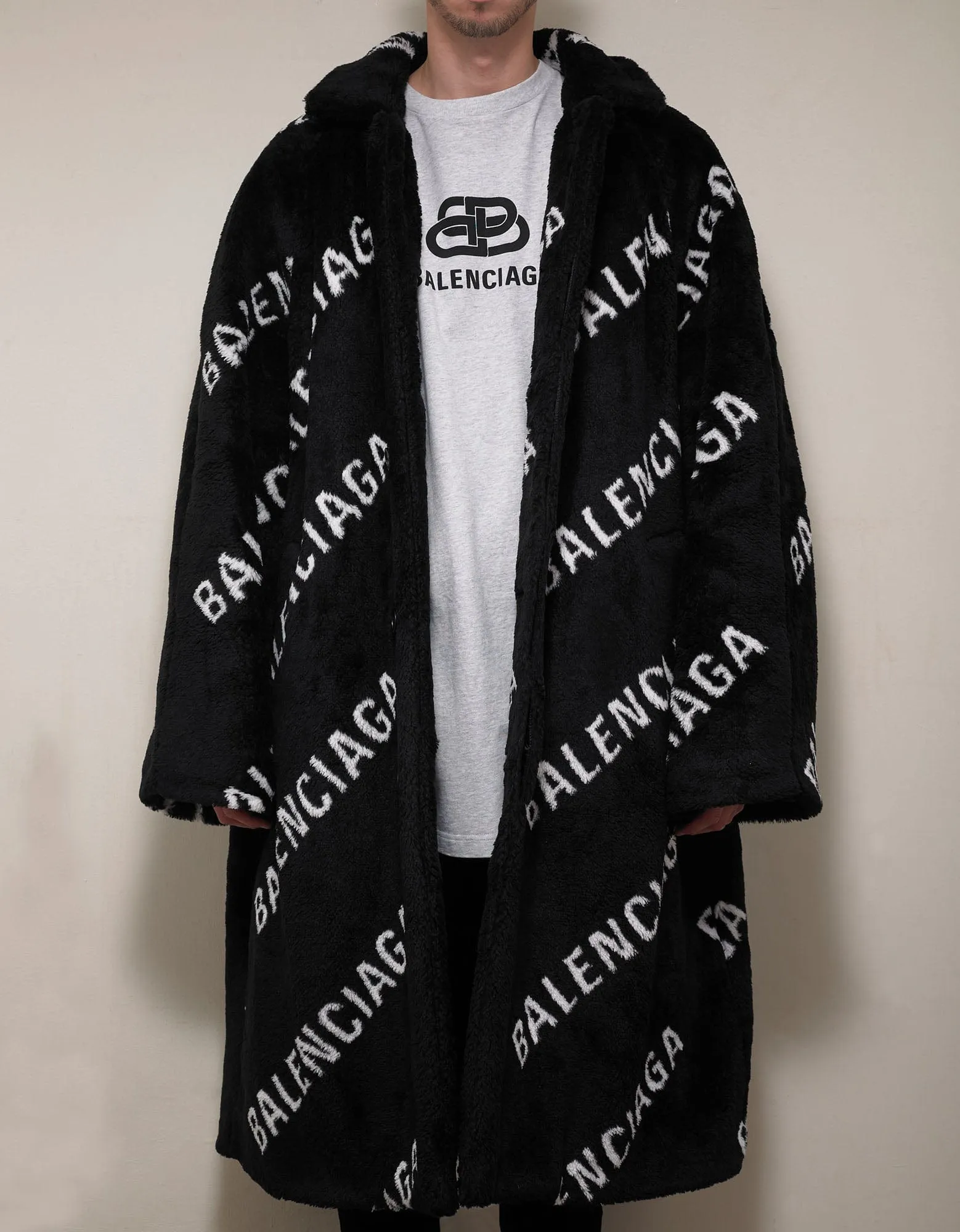 Balenciaga Logo Oversized Faux Fur Coat