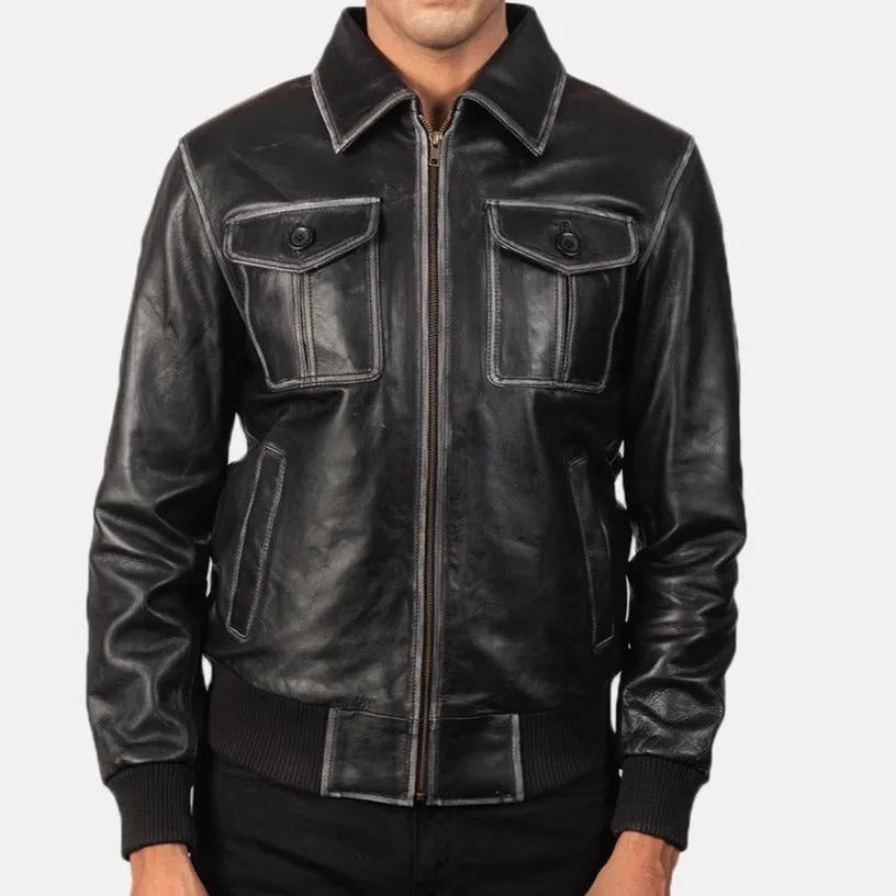 BOMBER-2400 MUSH Black Leather Bomber Jacket