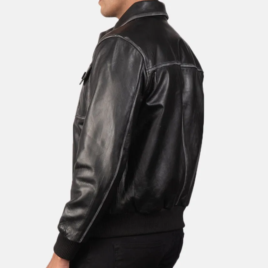 BOMBER-2400 MUSH Black Leather Bomber Jacket