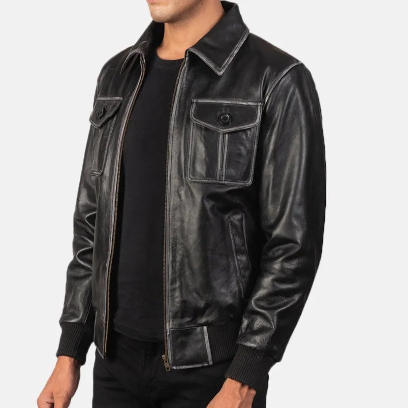 BOMBER-2400 MUSH Black Leather Bomber Jacket