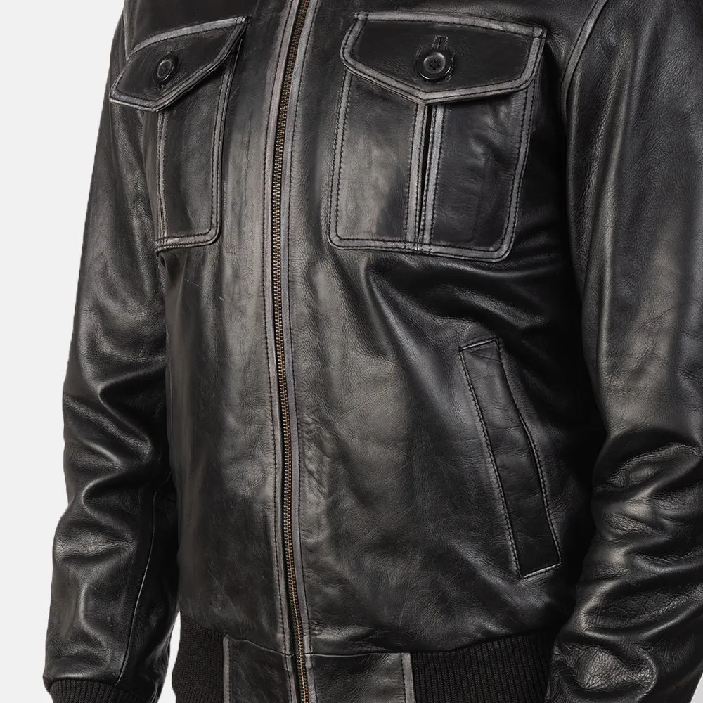 BOMBER-2400 MUSH Black Leather Bomber Jacket