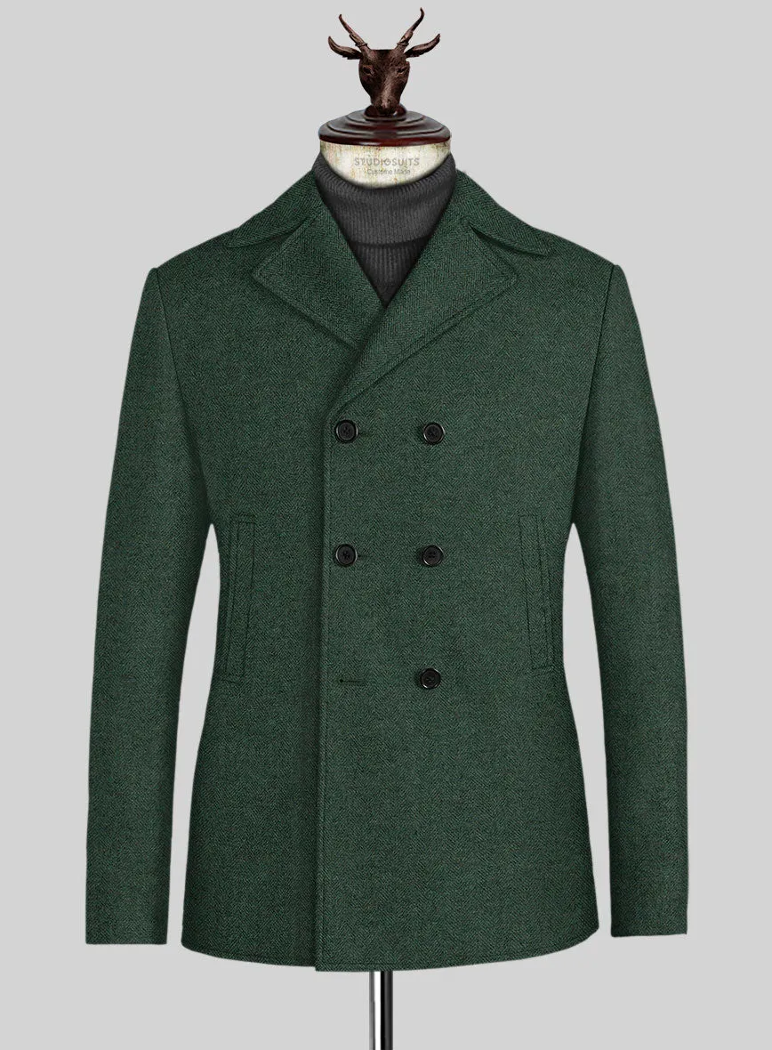 Bottle Green Herringbone Tweed Pea Coat