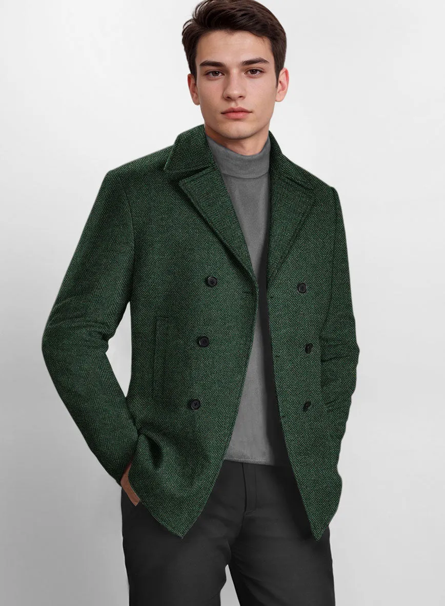 Bottle Green Herringbone Tweed Pea Coat