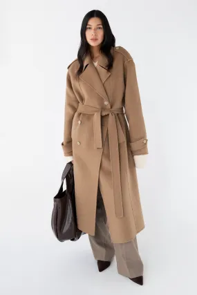 BRUSHED WOOL-BLEND BELTED COAT