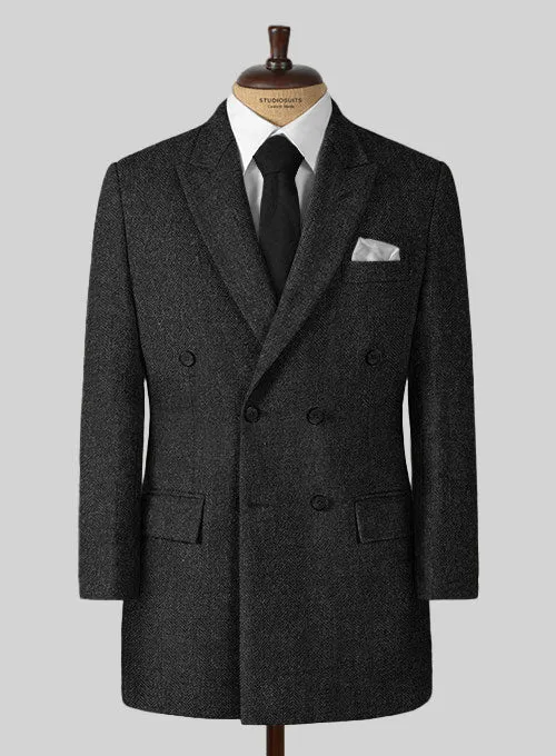 Charcoal Herringbone Tweed Overcoat