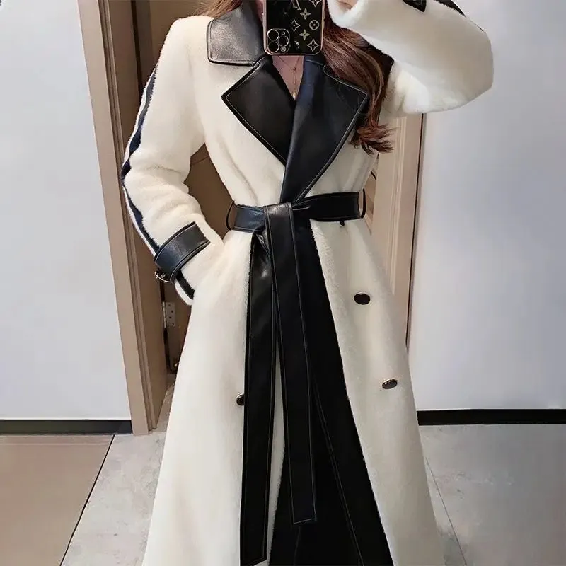 Contrast Color Patchwork Overcoat with Belt