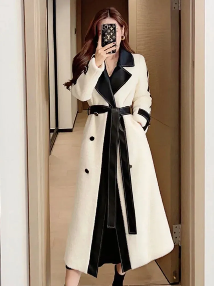 Contrast Color Patchwork Overcoat with Belt