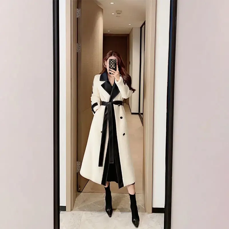 Contrast Color Patchwork Overcoat with Belt