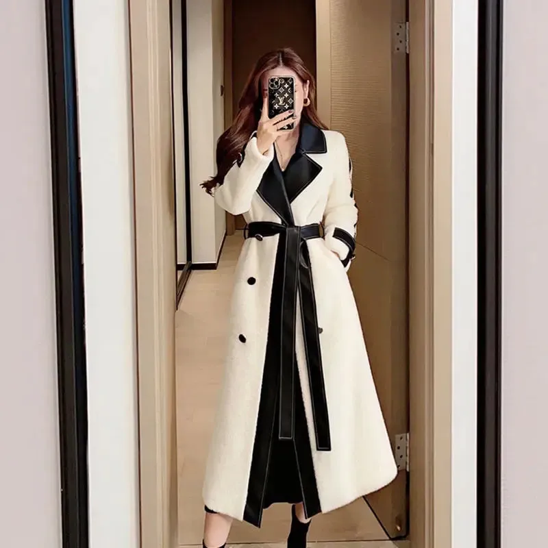 Contrast Color Patchwork Overcoat with Belt