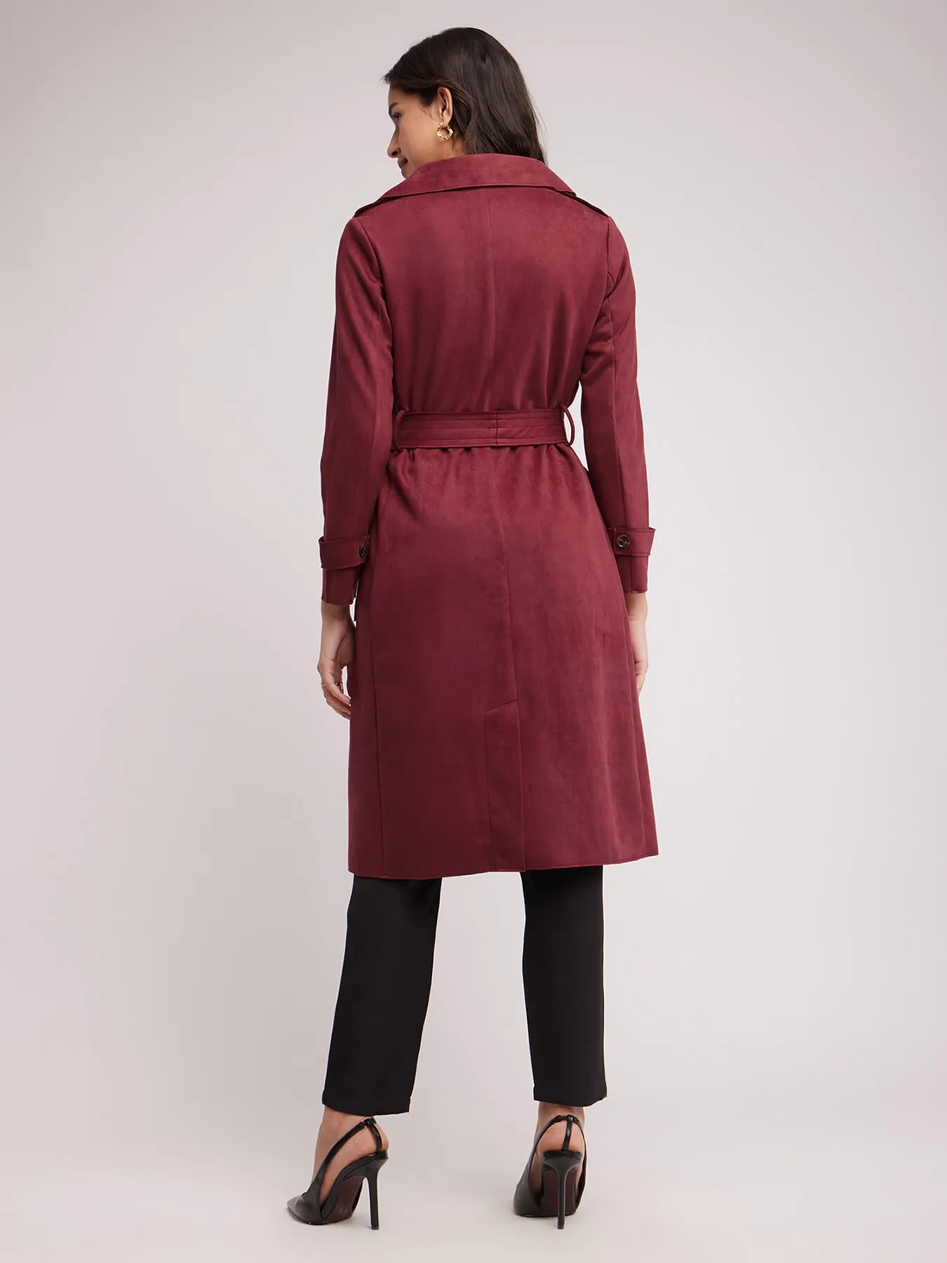 Double Breasted Suede Overcoat - Maroon