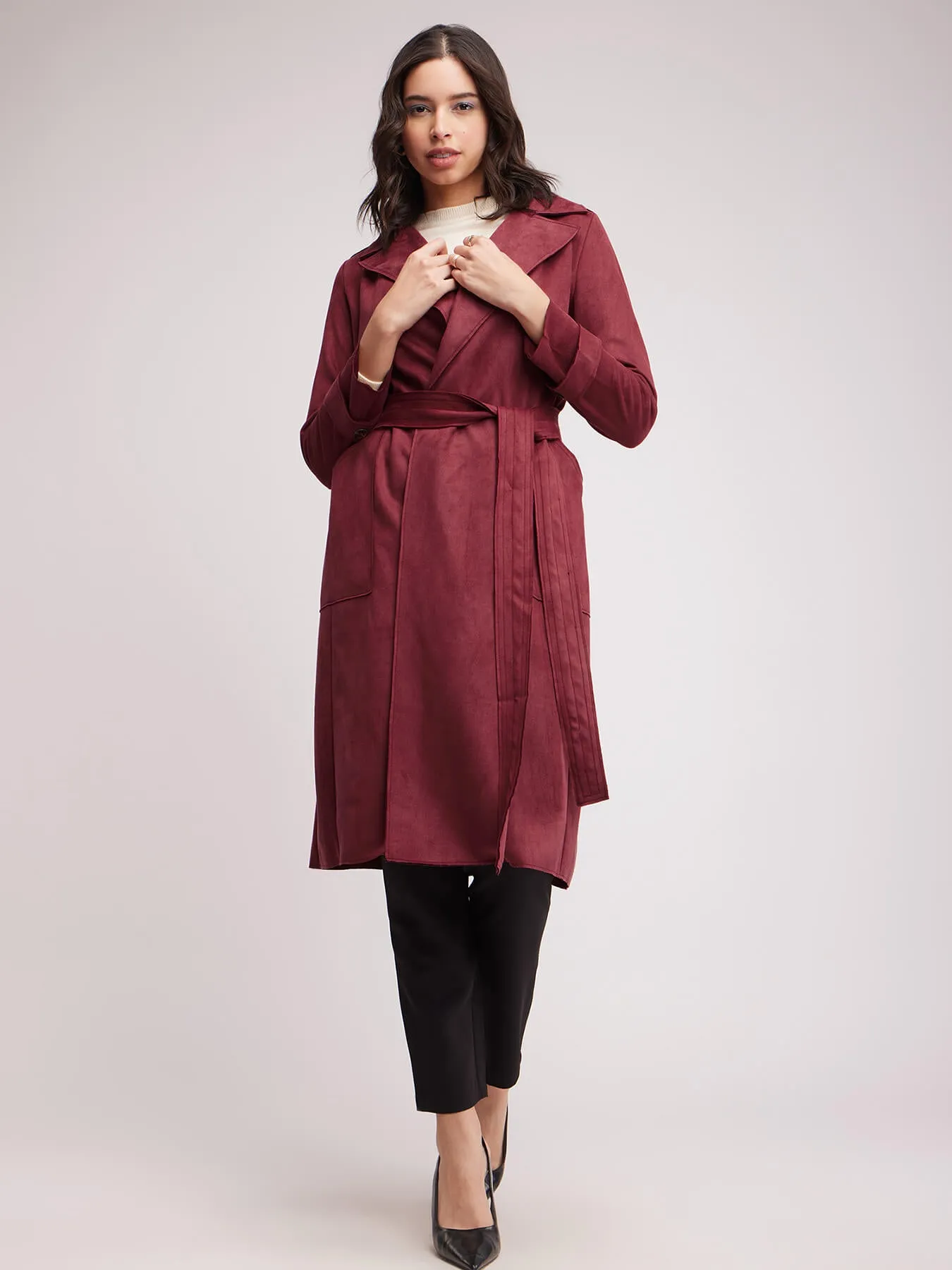 Double Breasted Suede Overcoat - Maroon