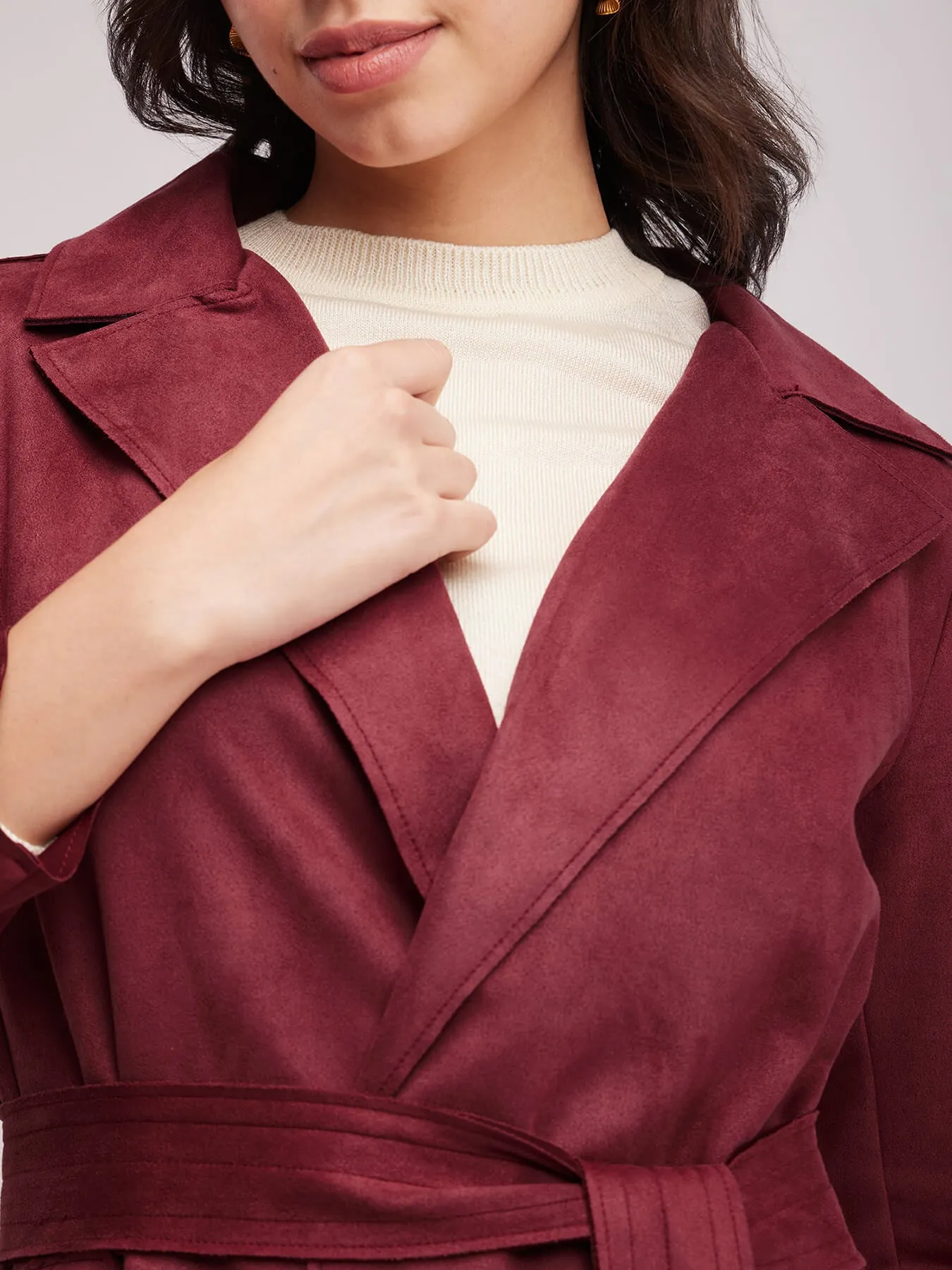 Double Breasted Suede Overcoat - Maroon