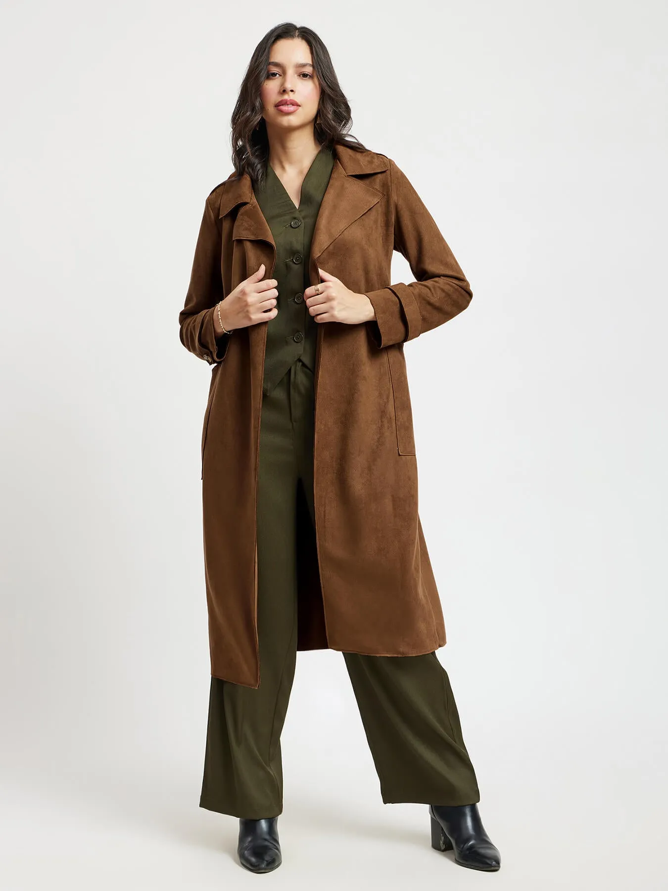 Double Breasted Suede Overcoat - Tan