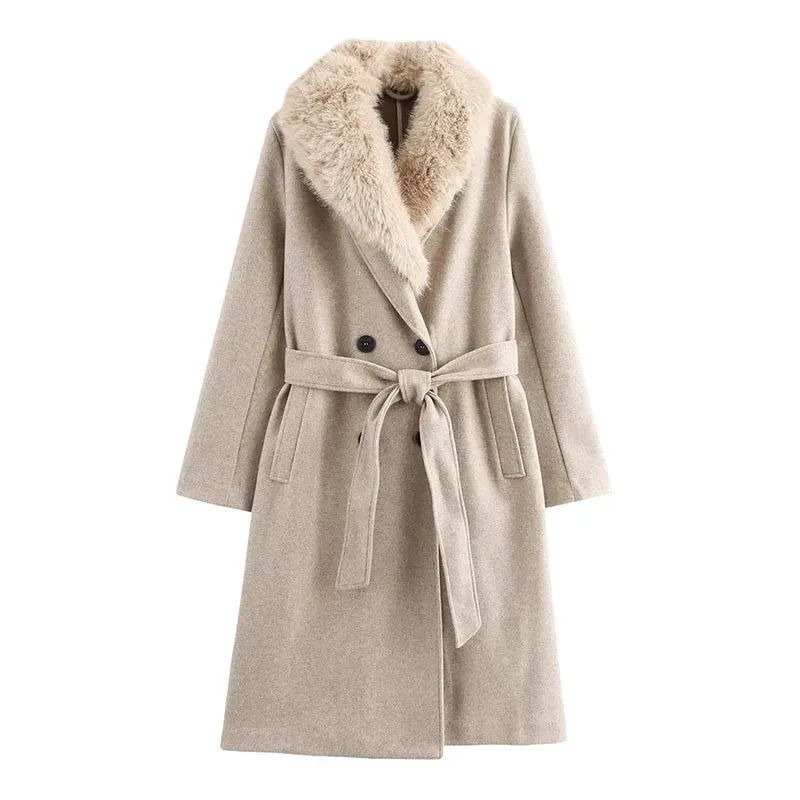 Elegant Fur Lapel Maxi Wool Overcoat