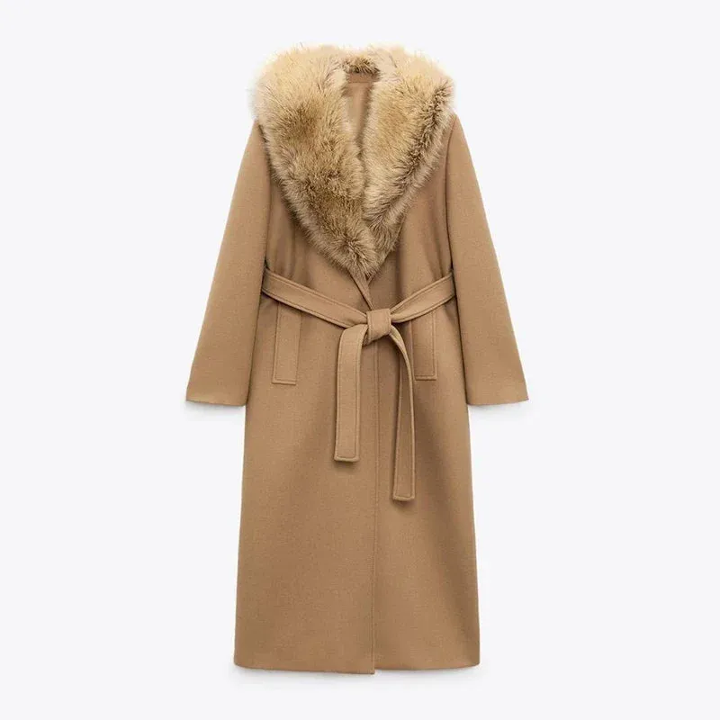 Elegant Fur Lapel Maxi Wool Overcoat