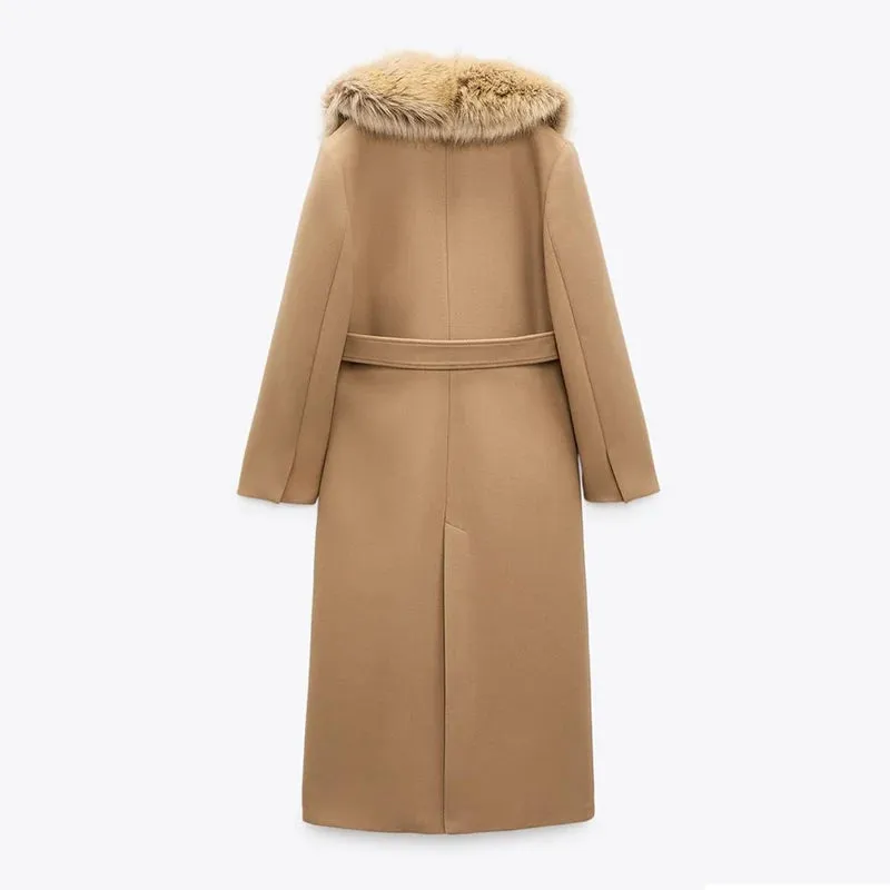 Elegant Fur Lapel Maxi Wool Overcoat