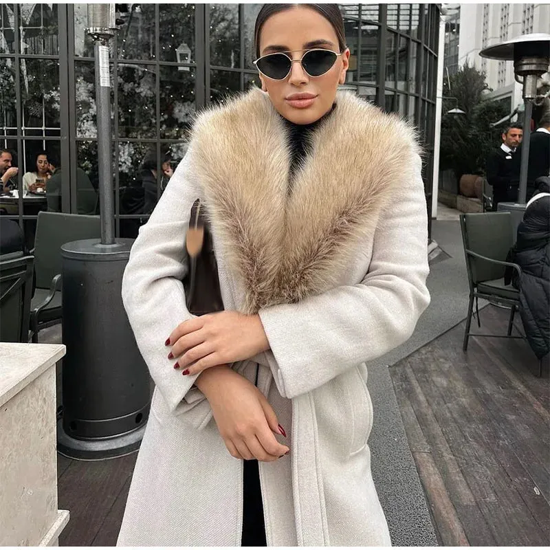 Elegant Fur Lapel Maxi Wool Overcoat