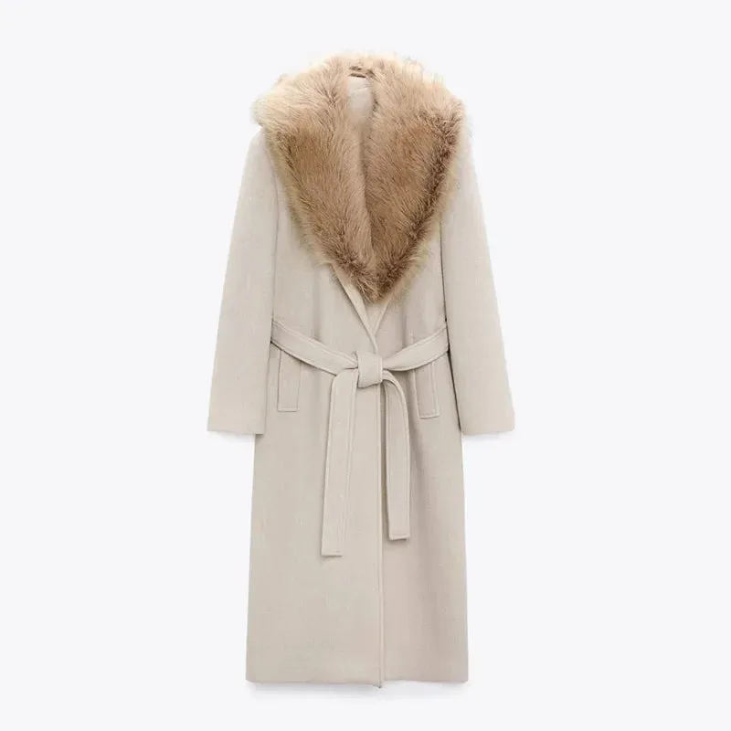 Elegant Fur Lapel Maxi Wool Overcoat