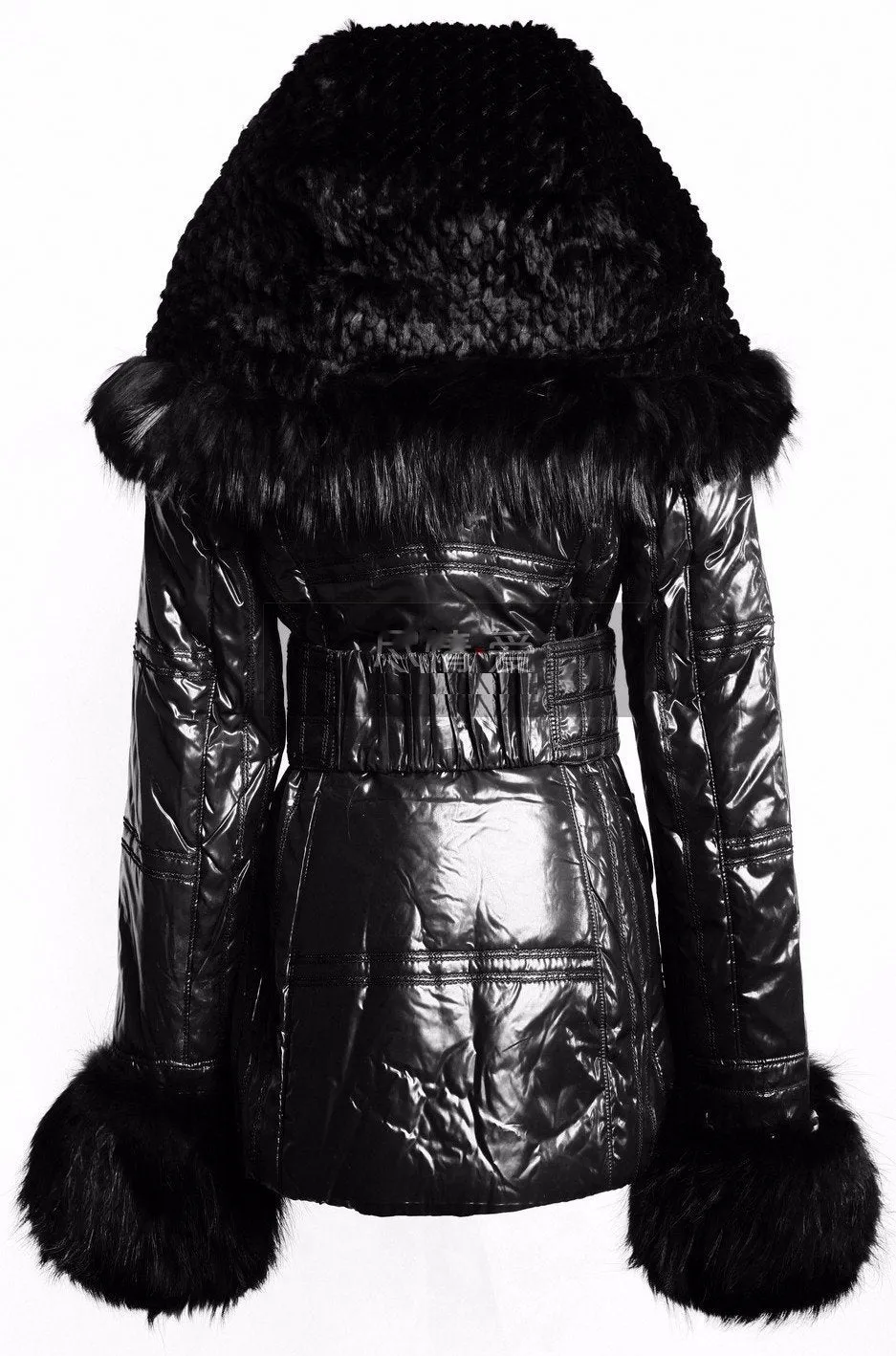 Fur-Trim Glossy Puffer Jacket, Black