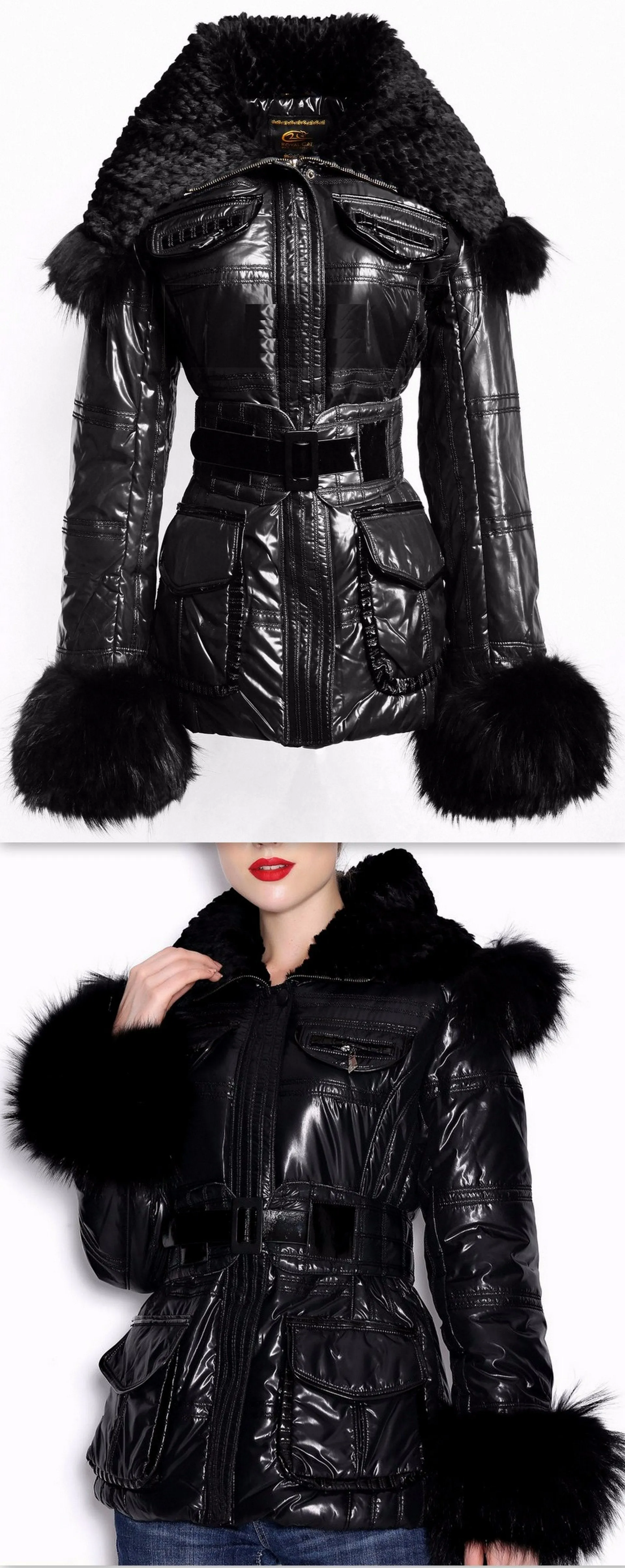 Fur-Trim Glossy Puffer Jacket, Black