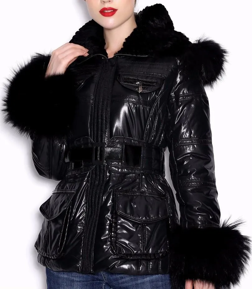 Fur-Trim Glossy Puffer Jacket, Black