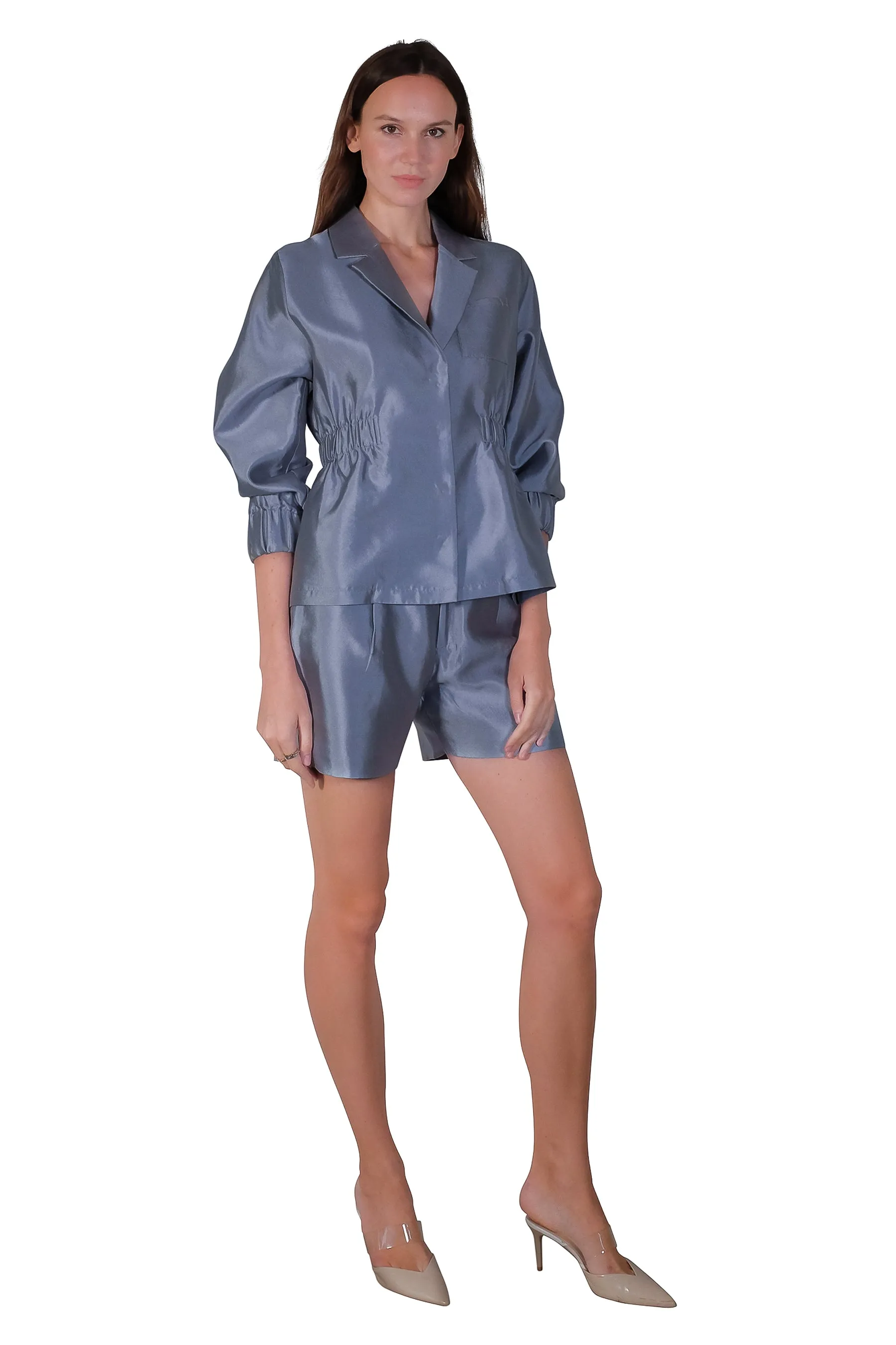 Joya Silk Linen Puff Sleeves Jacket in Blue