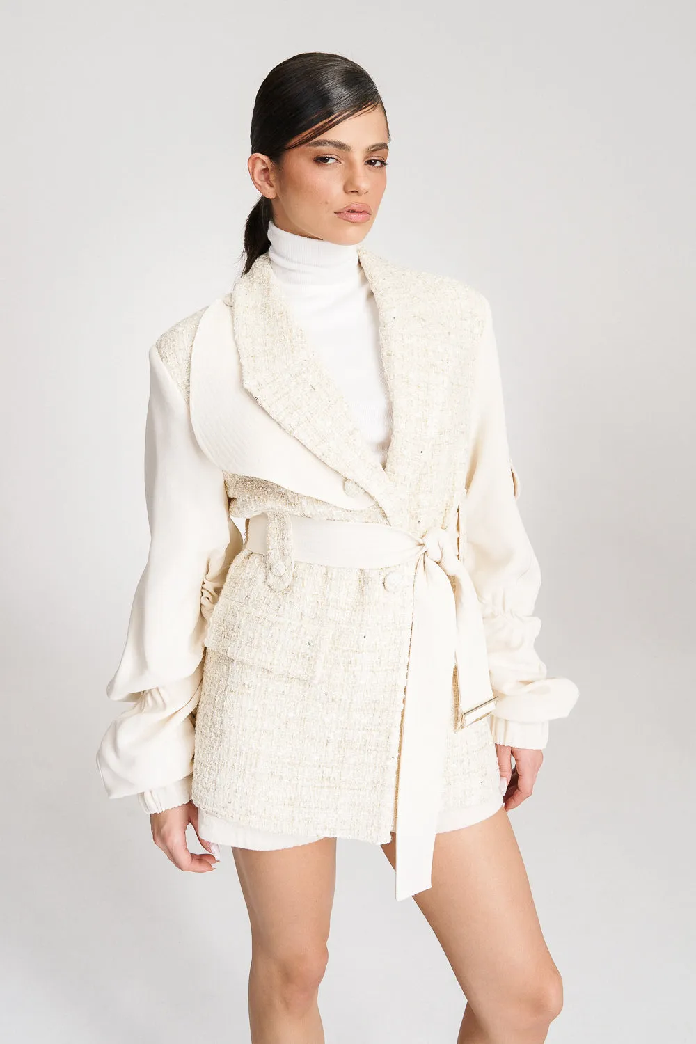 'Kehlani' Oversized Cream Tweed-Blend Bomber Blazer