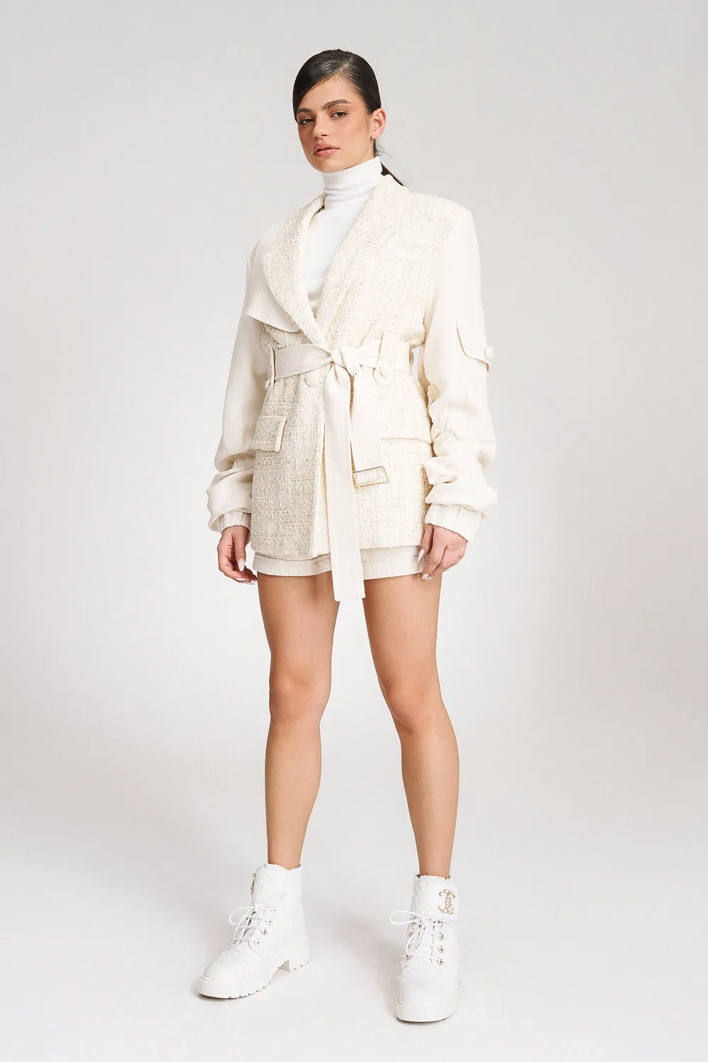 'Kehlani' Oversized Cream Tweed-Blend Bomber Blazer