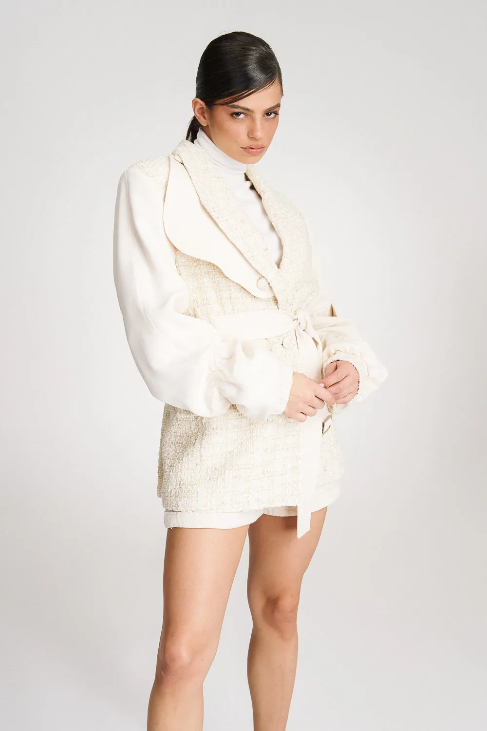 'Kehlani' Oversized Cream Tweed-Blend Bomber Blazer