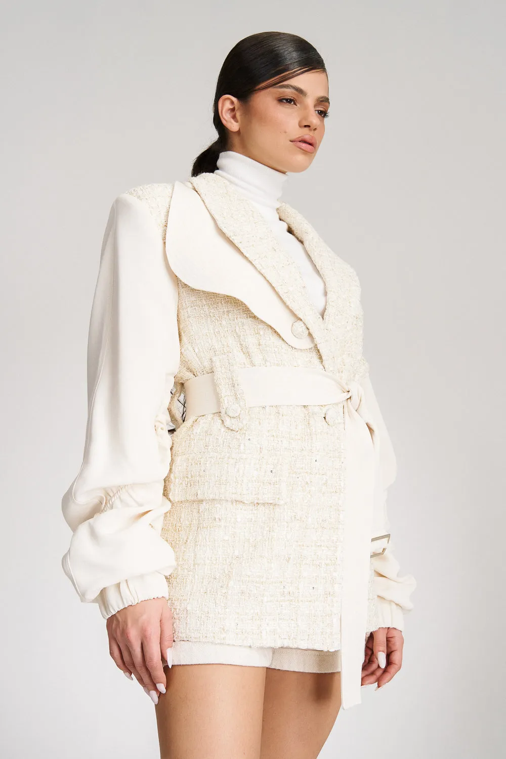 'Kehlani' Oversized Cream Tweed-Blend Bomber Blazer