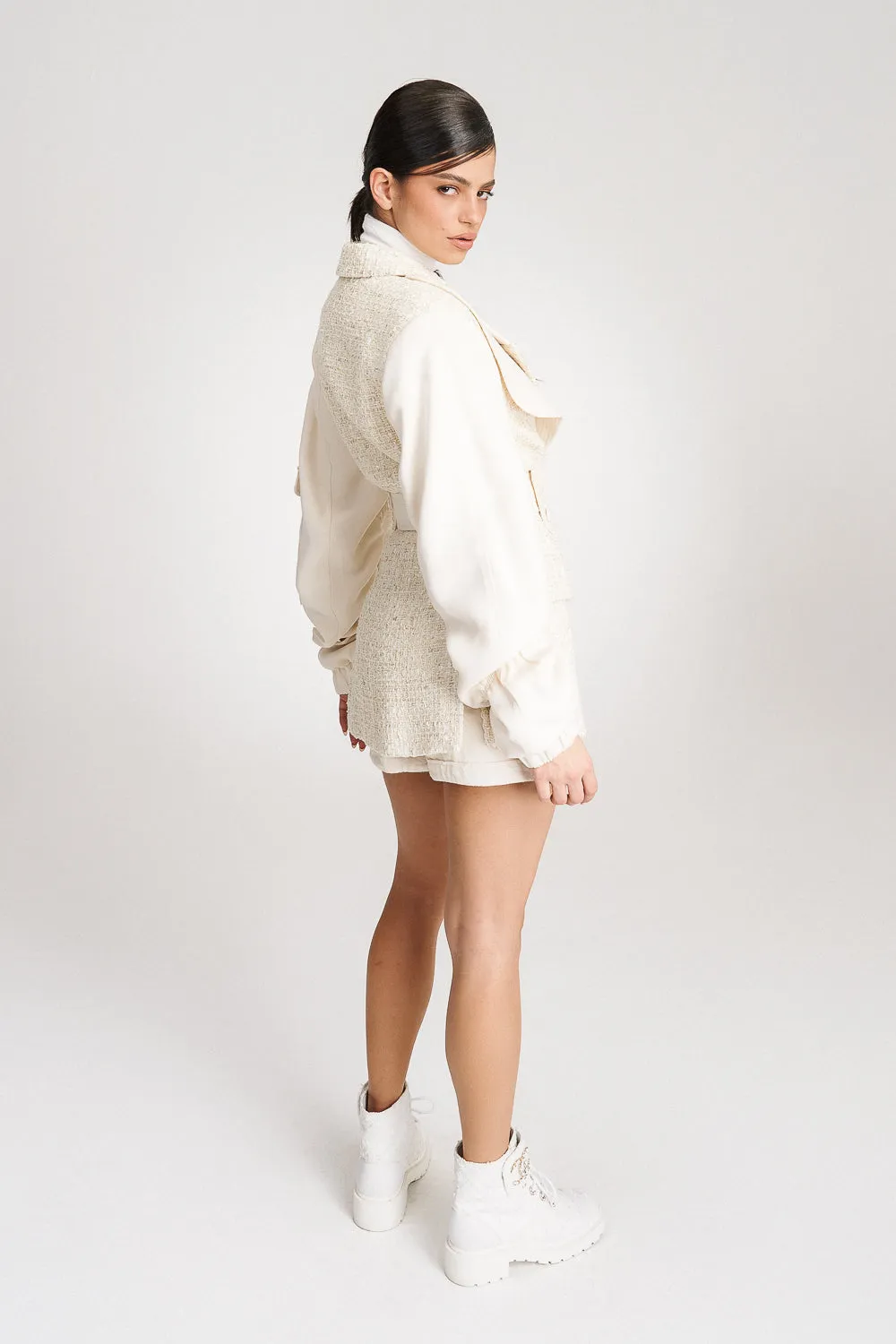 'Kehlani' Oversized Cream Tweed-Blend Bomber Blazer