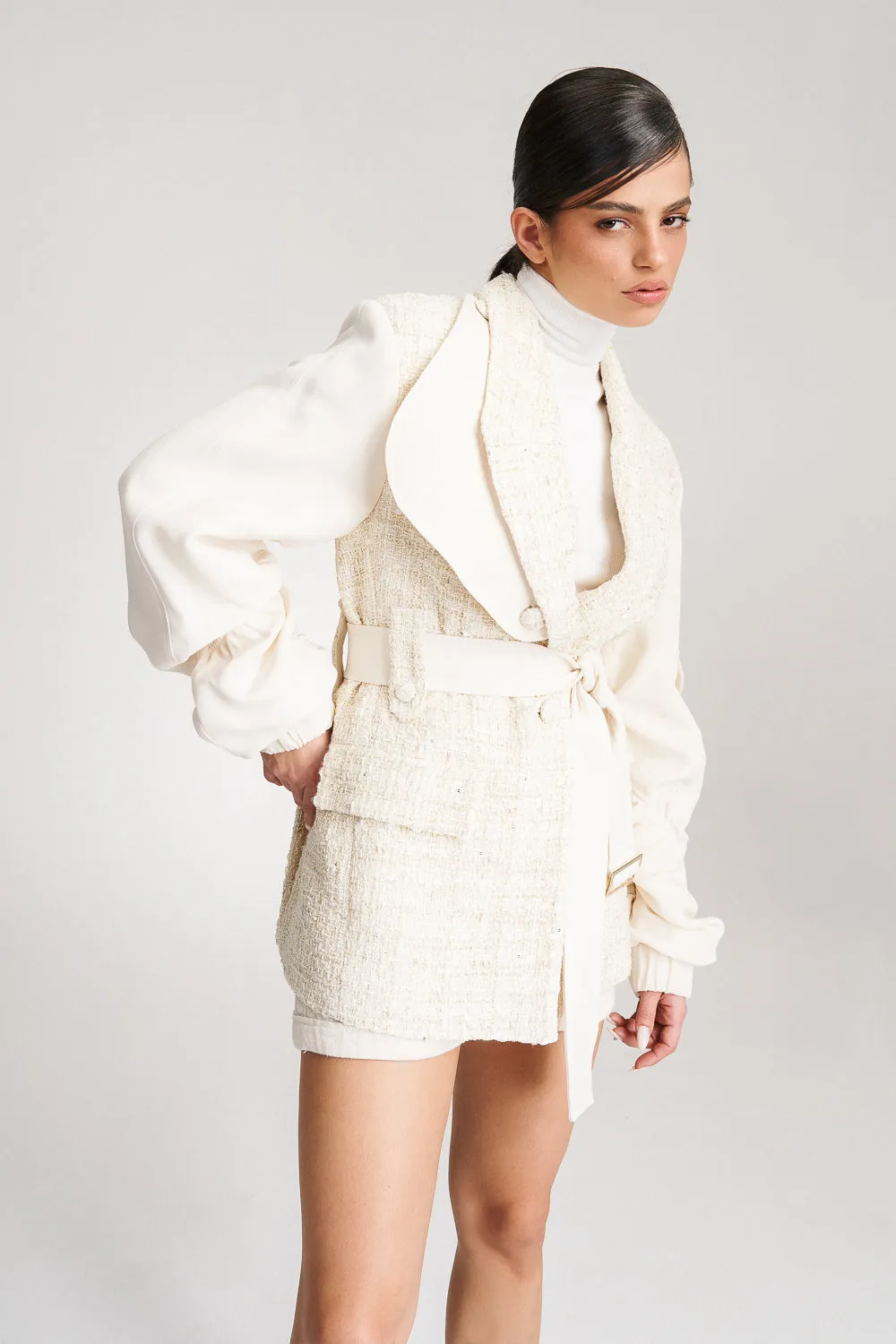 'Kehlani' Oversized Cream Tweed-Blend Bomber Blazer