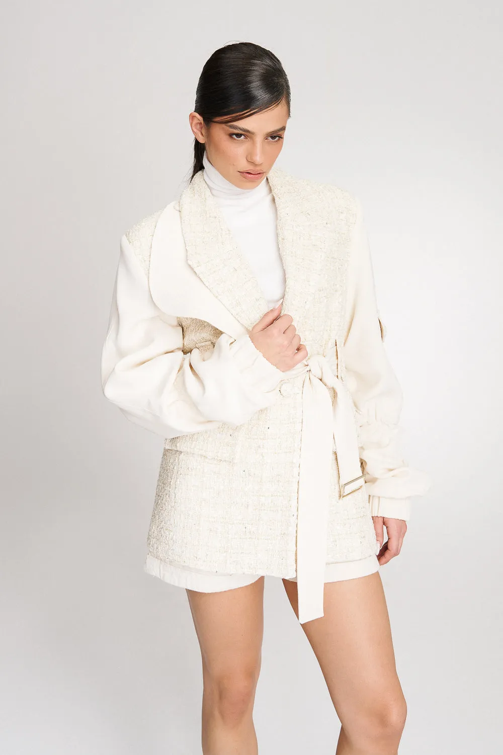 'Kehlani' Oversized Cream Tweed-Blend Bomber Blazer