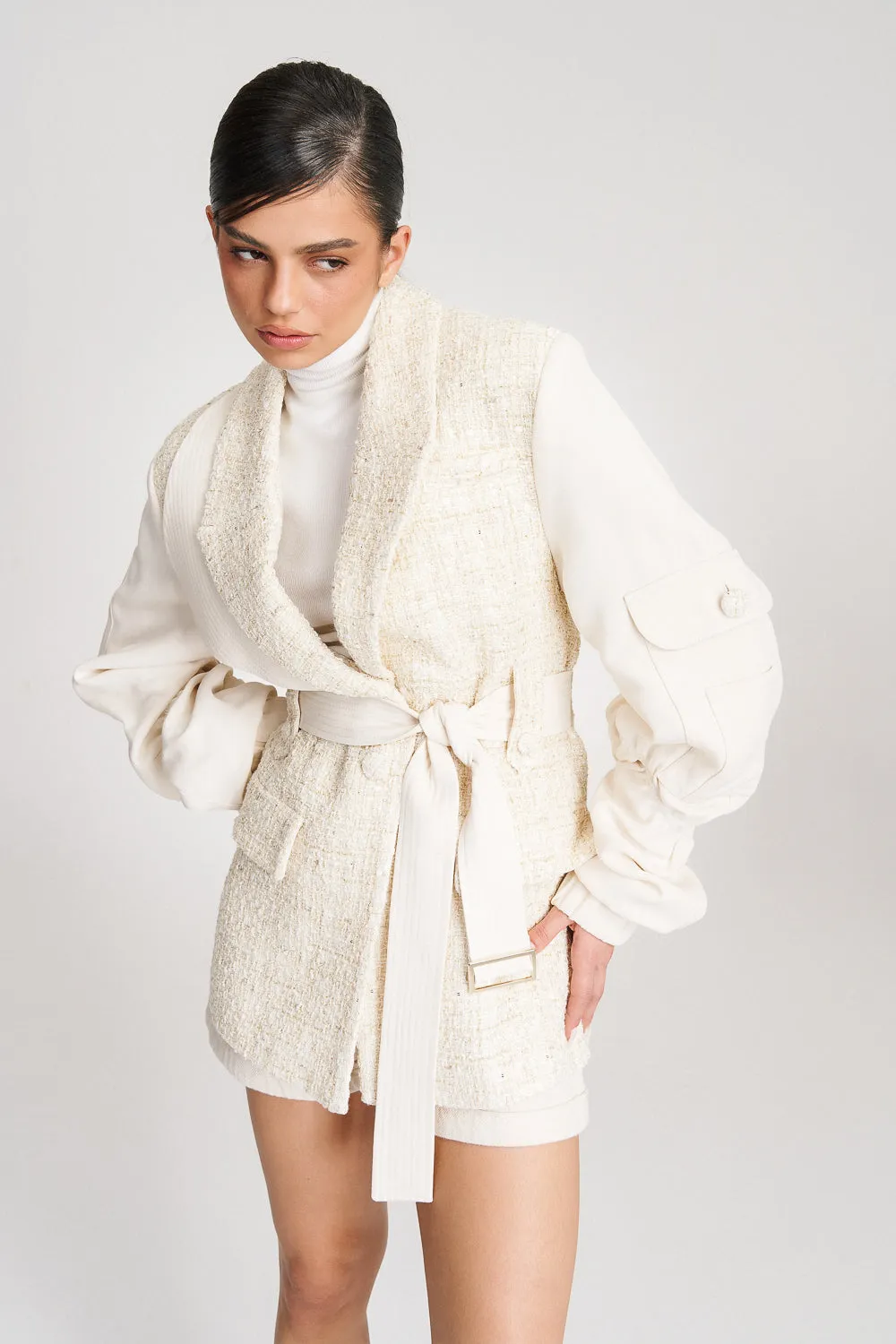 'Kehlani' Oversized Cream Tweed-Blend Bomber Blazer