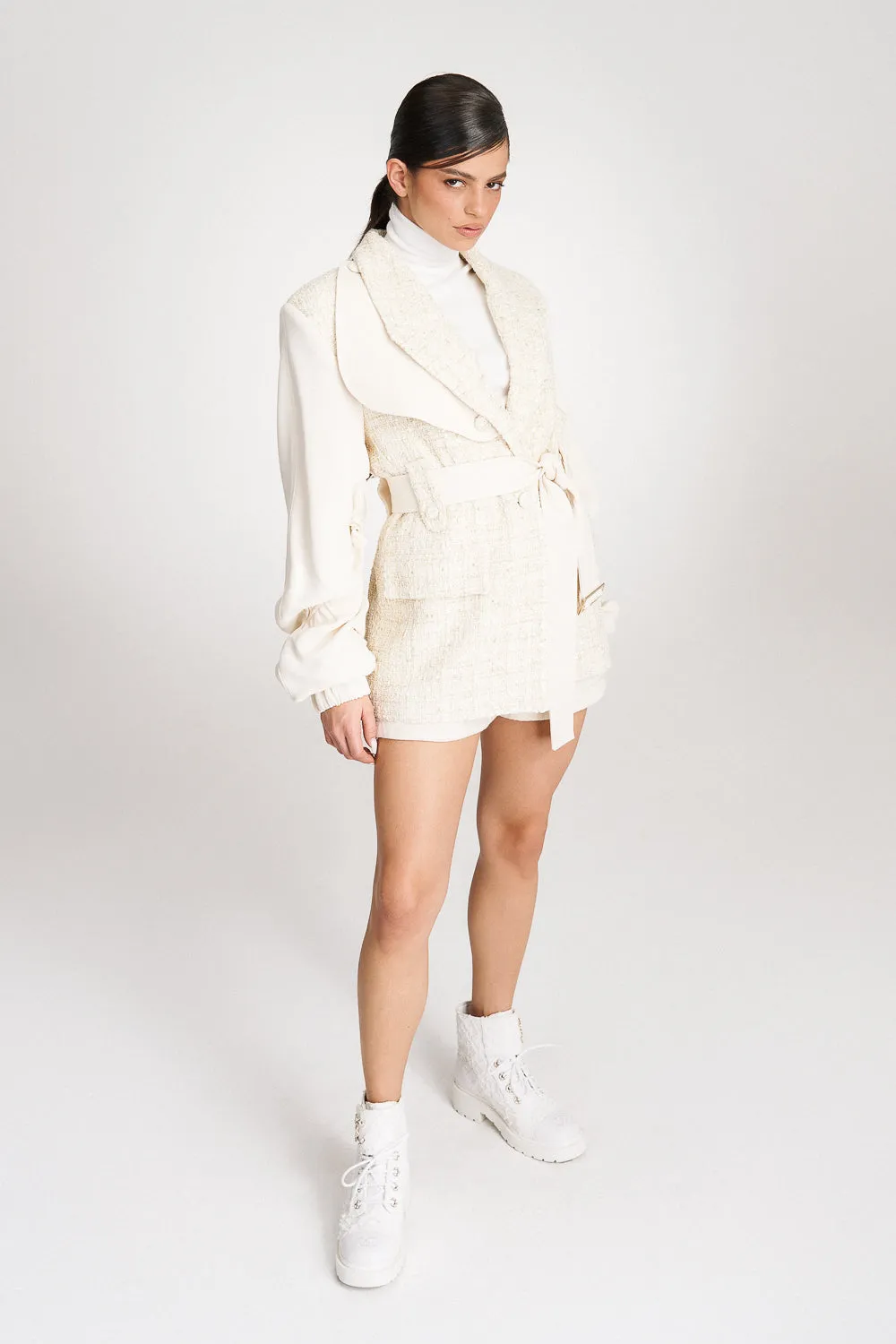 'Kehlani' Oversized Cream Tweed-Blend Bomber Blazer