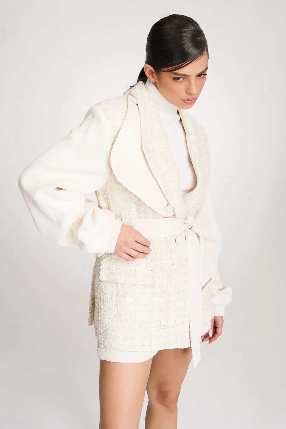 'Kehlani' Oversized Cream Tweed-Blend Bomber Blazer