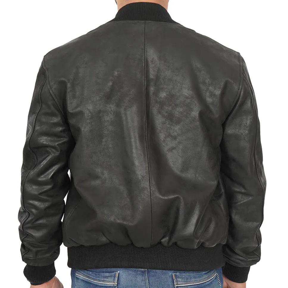 Mens Black Leather Letterman Bomber Jacket