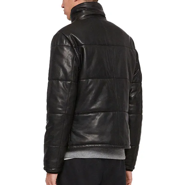 Mens Jet Black Leather Puffer Jacket