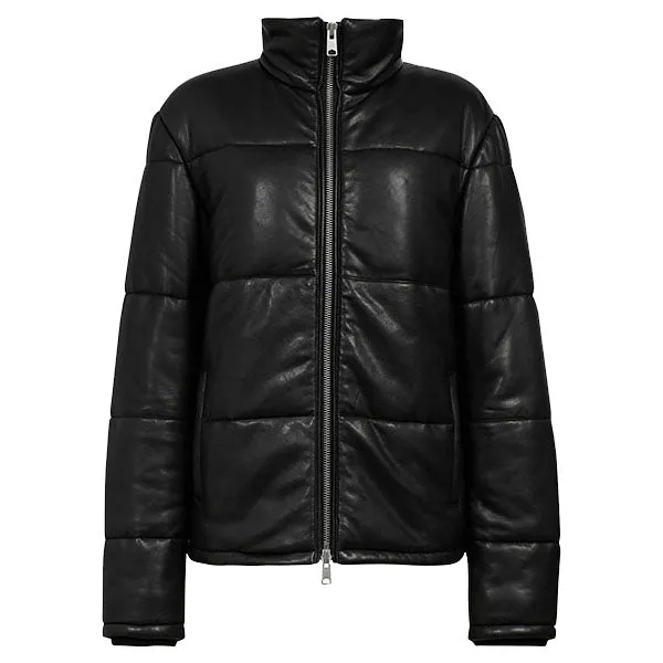 Mens Jet Black Leather Puffer Jacket