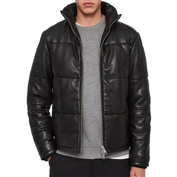 Mens Jet Black Leather Puffer Jacket