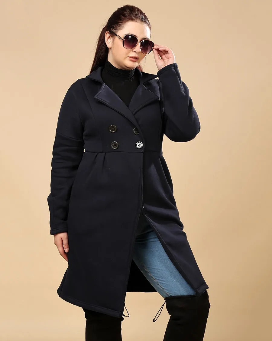 Navy Blue Solid Double Breasted Overcoat with Buttons