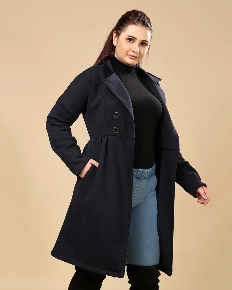 Navy Blue Solid Double Breasted Overcoat with Buttons