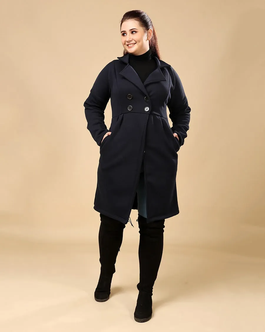 Navy Blue Solid Double Breasted Overcoat with Buttons