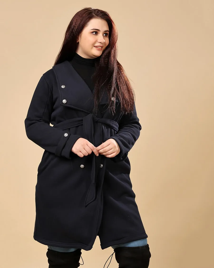 Navy Blue Solid Double Breasted Overcoat