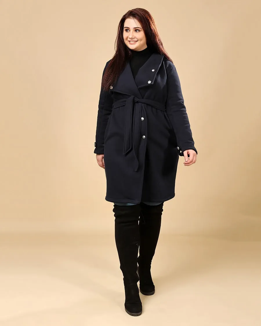 Navy Blue Solid Double Breasted Overcoat