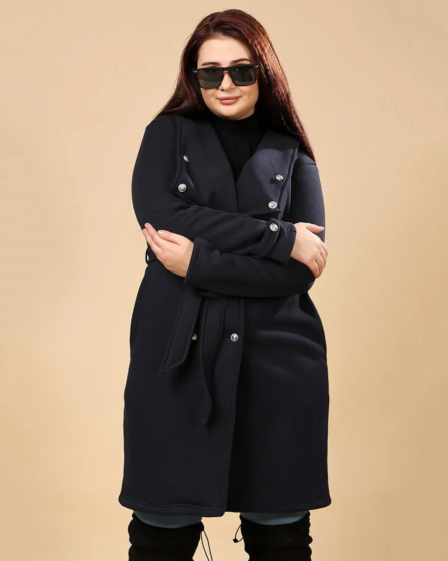 Navy Blue Solid Double Breasted Overcoat