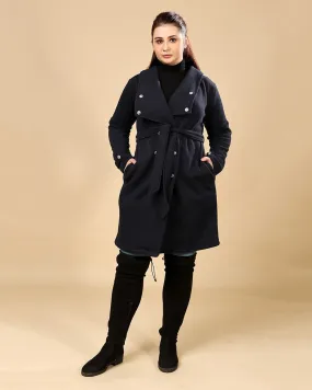 Navy Blue Solid Double Breasted Overcoat