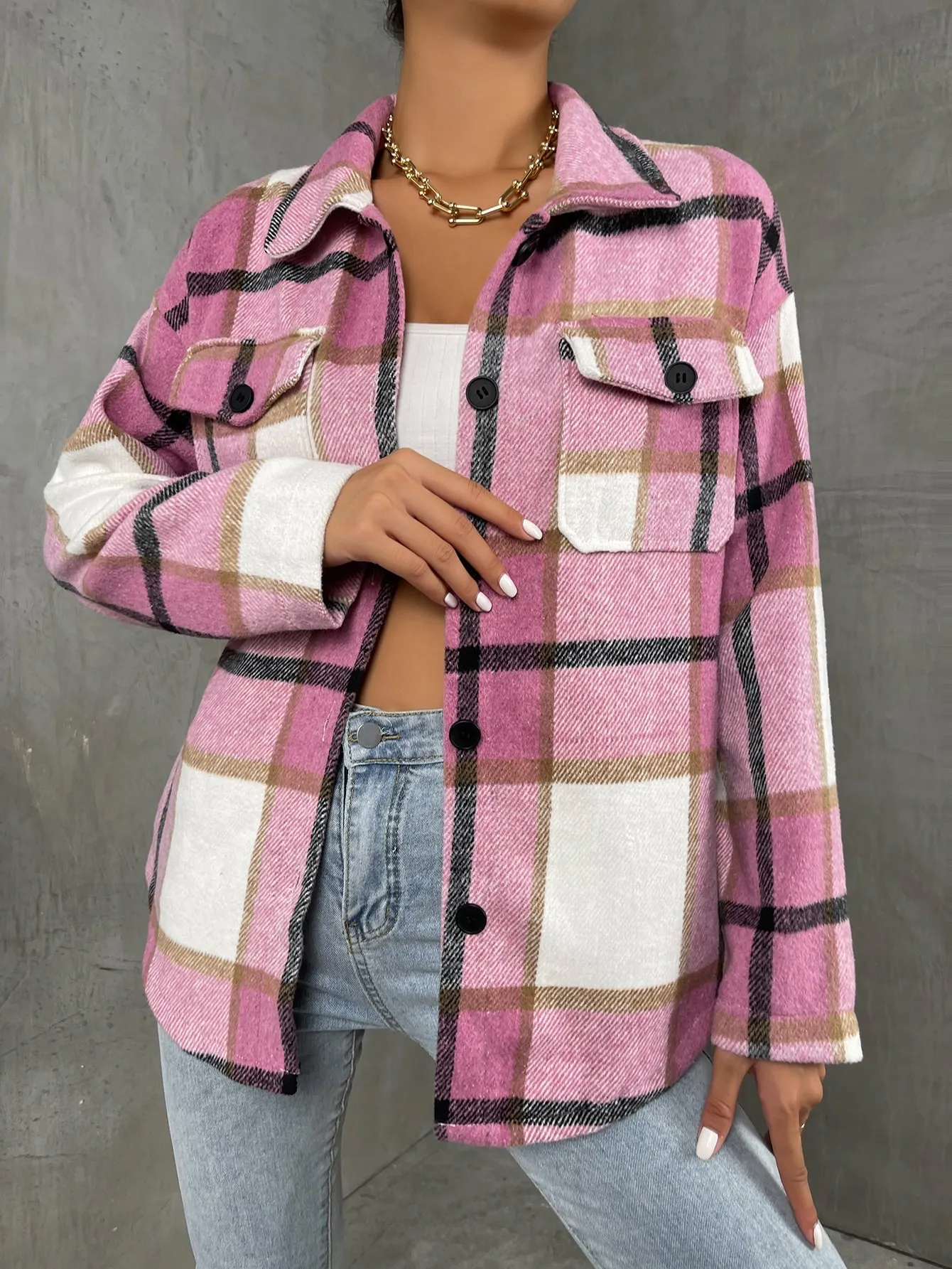 Plaid Belted Long Sleeve Collar Short Women Overcoat