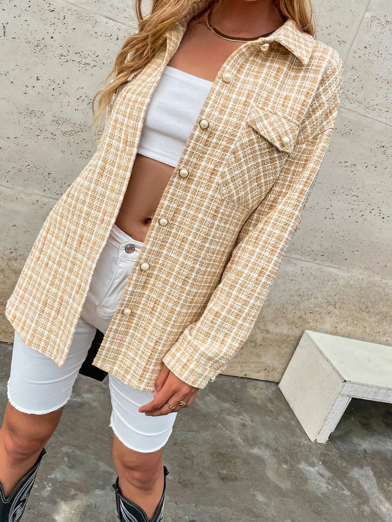 Plaid Pocket Long Sleeve Collar Short Women Overcoat